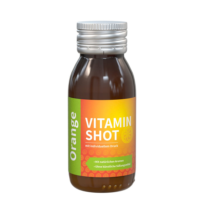 Vitamineshot met logo in glazen flesje van 60 ml