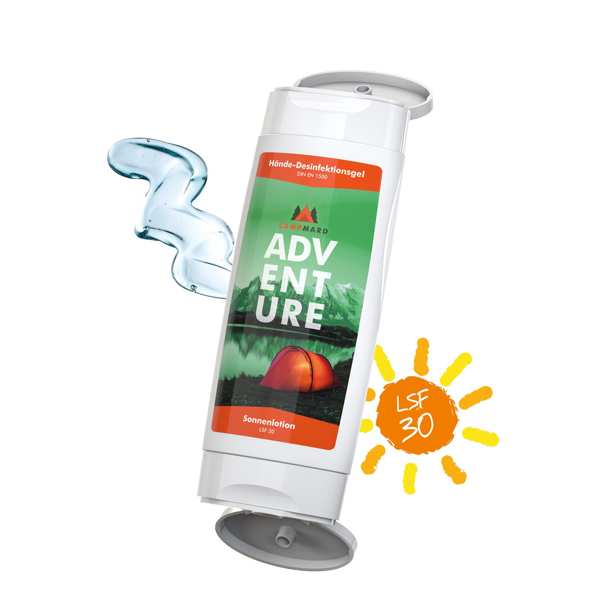 DuoPack met desinfectiegel en zonnebrand SPF 30, met voorbeeldontwerp