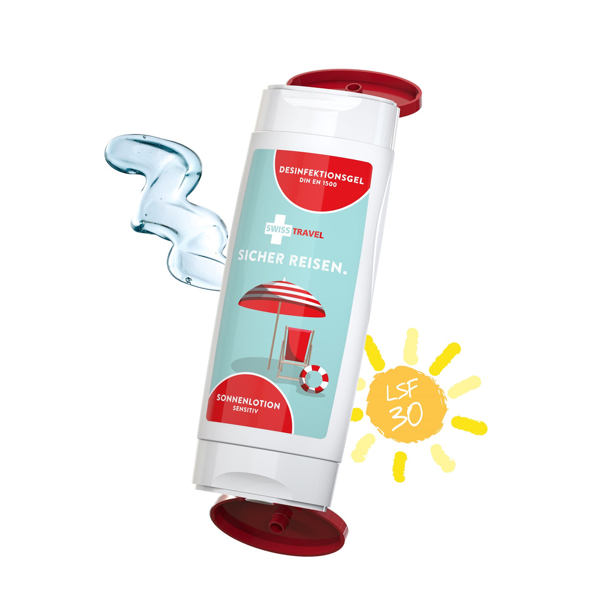 DuoPack met desinfectiegel en zonnebrand gevoelige huid SPF 30, met voorbeeldontwerp