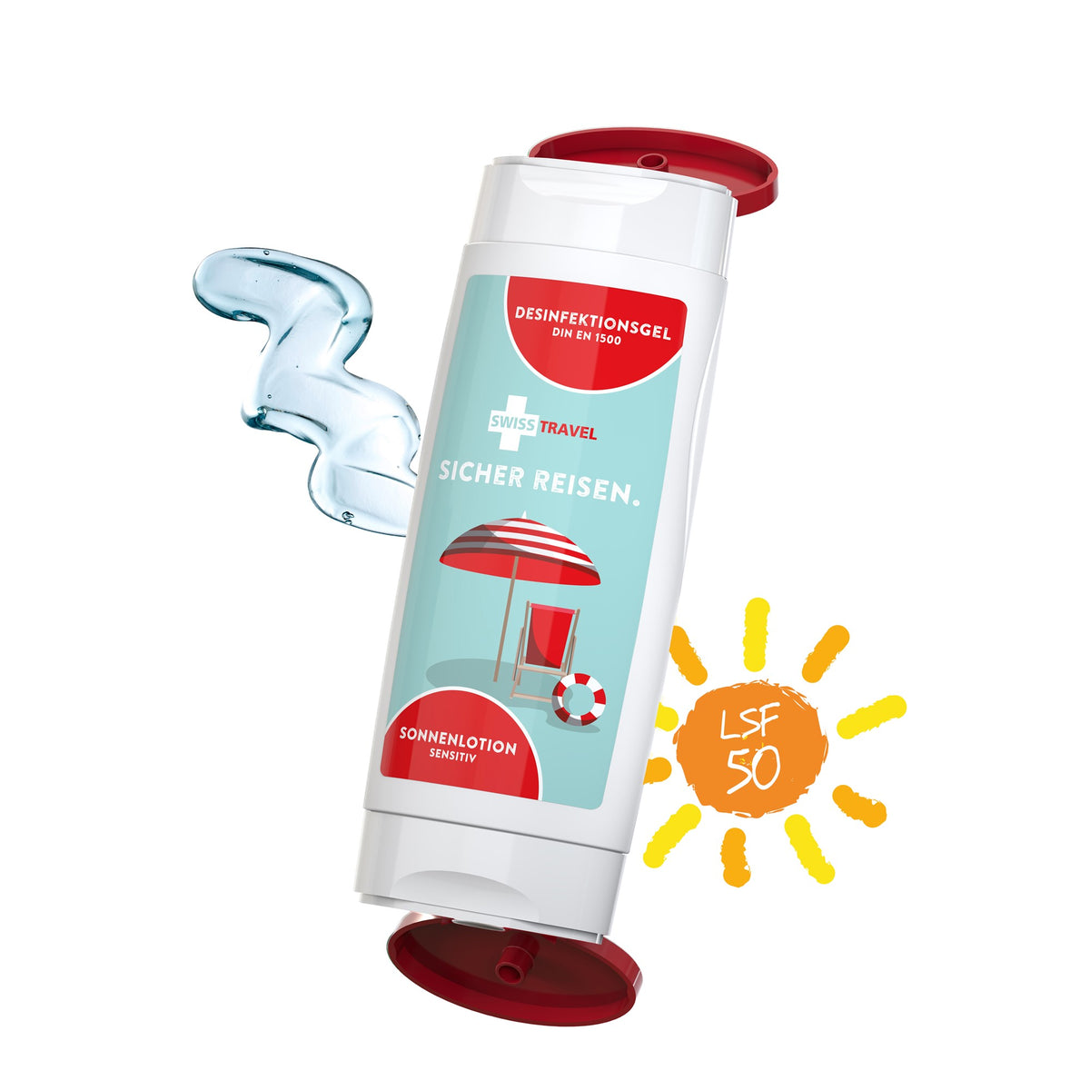 DuoPack met desinfectiegel en zonnebrand gevoelige huid SPF 50, met voorbeeldontwerp
