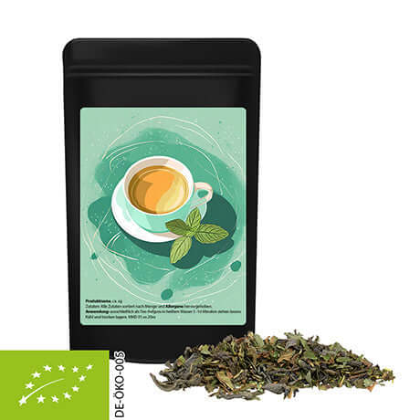 Zwarte stazak met etiket met biologische groene thee met munt (12 gram)