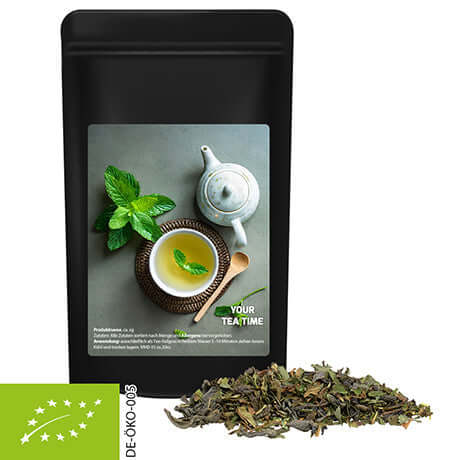 Zwarte stazak met etiket met biologische groene thee met munt (30 gram)