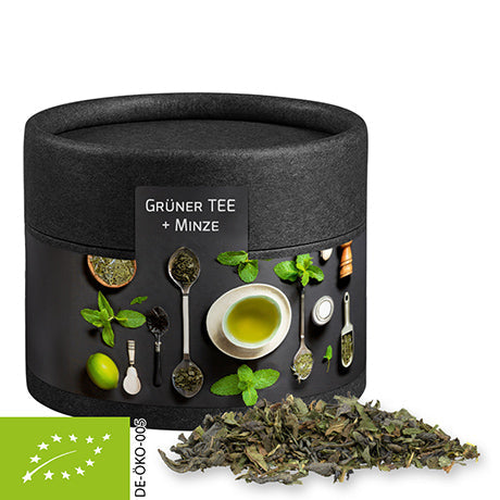 Bio Grüner Tee mit Minze, ca. 10g, Kraftpapierdose Mini schwarz