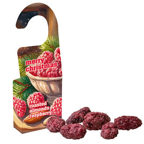 Gebrande amandelen framboos in doosje of beker met logo