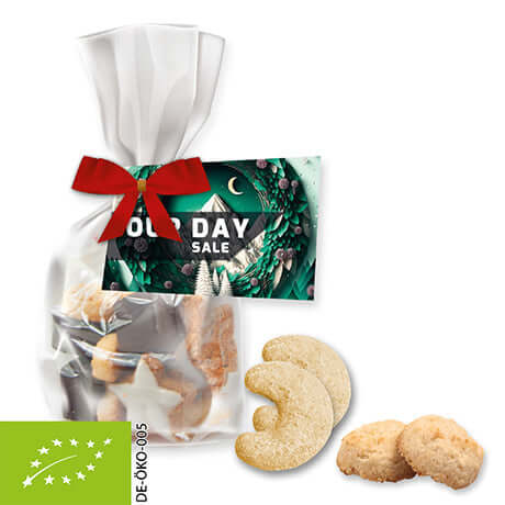 Biologische kerstkoekjes met logo in stazak met strik (115 gram)