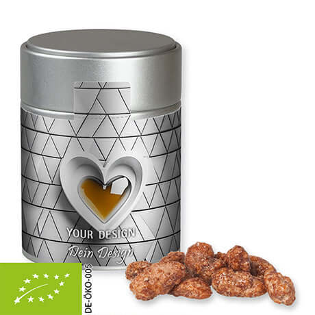 Biologische gebrande amandelen (100 gram) in zilveren blik