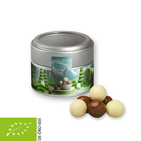 biologische Knusperkugeln-Mix, ca. 45g, Metalldose mini mit Sichtfenster silber bedrukken – promotionele snack
