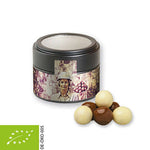 biologische Knusperkugeln-Mix, ca. 45g, Metalldose mini mit Sichtfenster schwarz bedrukken – promotionele snack