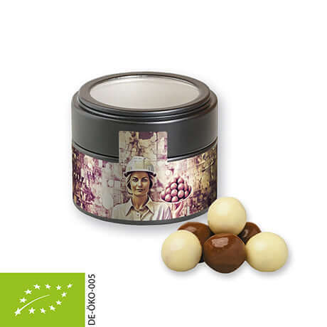 biologische Knusperkugeln-Mix, ca. 45g, Metalldose mini mit Sichtfenster schwarz bedrukken – promotionele snack