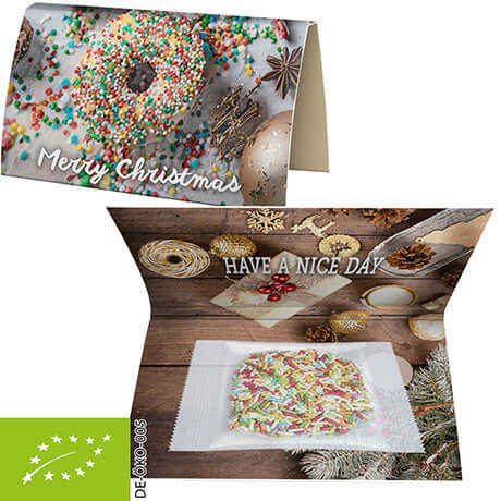 Biologisch suikerstrooisel (15 gram) in gevouwen kaart A6