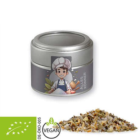 Zilveren vensterblikje met biologische kruidenmix alleskunner (60 gram)