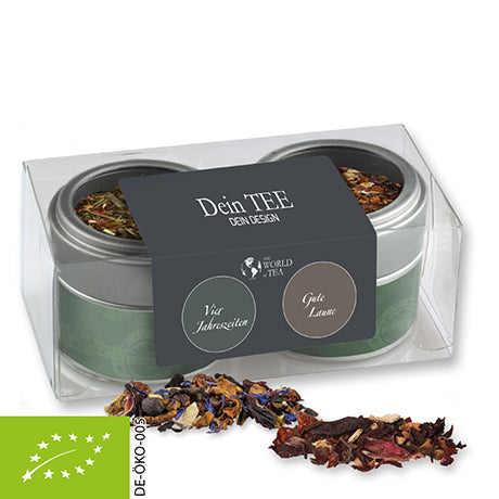 Verschiedene Weihnachts Teesorten, Bio und nicht-Bio, ca. 60-70g, Metalldose Mini mit Sichtfenster im 2er Set