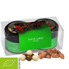 Biologische kerstset met vuurgebrande amandelen en Crunch Choco's in 2 metalen blikjes met venster, ca. 105g