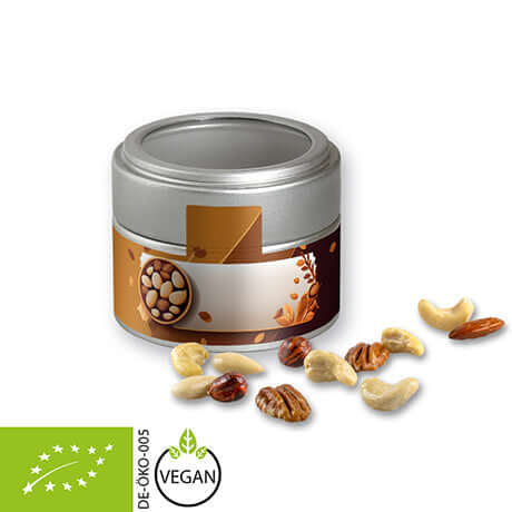 Biologische notenmix (60 gram) in zilveren vensterblikje