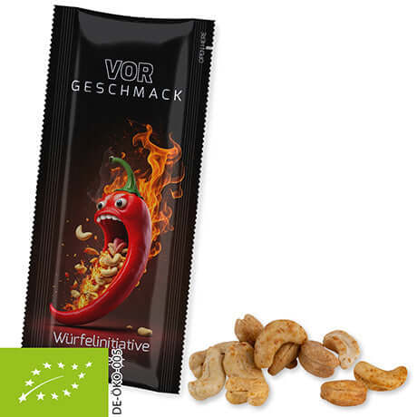 Biologische gezouten cashewnoten met chili (30 gram) in bedrukte snackstick