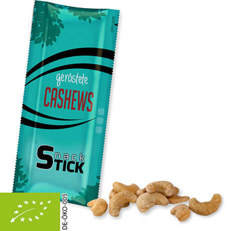 Biologische gezouten cashewnoten (30 gram) in bedrukte snackstick