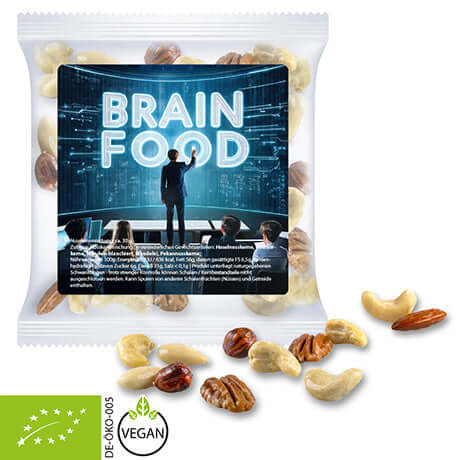 Biologische notenmix (30 g) in transparant zakje met sticker