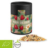 Bedrukte bio mueslireep aardbei in zwart kraftpapieren doosje (ca. 60g) met persoonlijke sticker