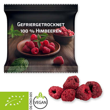 Biologische gevriesdroogde frambozen (15 gram) in bedrukt zakje XL