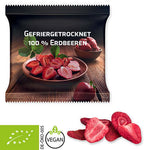 Biologische gevriesdroogde aardbeien (15 gram) in bedrukt zakje XL
