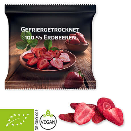 Biologische gevriesdroogde aardbeien (15 gram) in bedrukt zakje XL