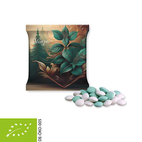 Biologische chocoladelinzen met munt en eigen logo (7 tot 30 gram)