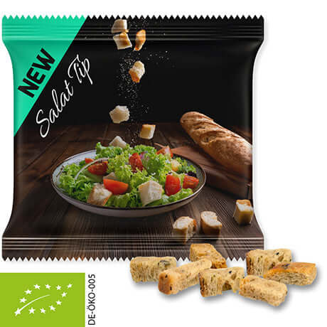 Biologische kruidencroutons (8 gram) in bedrukt zakje