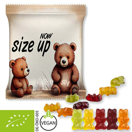 Biologische gummibeertjes zonder gelatine (50 gram) in bedrukt zakje