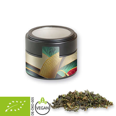 Zwart vensterblikje met biologische groene thee met munt (18 gram)