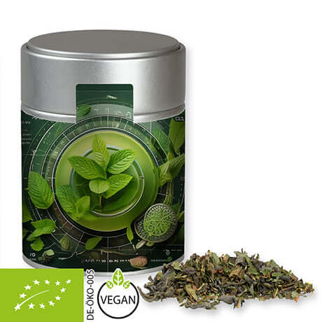 Zilveren blik met biologische groene thee met munt (35 gram)