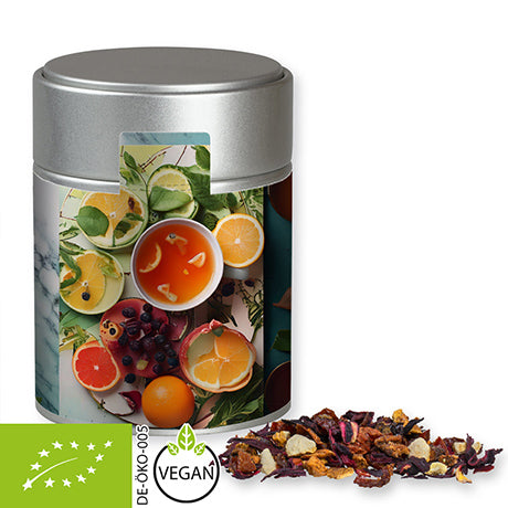 Bio Früchtetee gute Laune, ca. 60g, Metalldose Midi silber