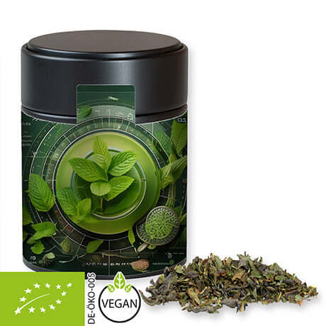 Zwart blik met biologische groene thee met munt (35 gram)