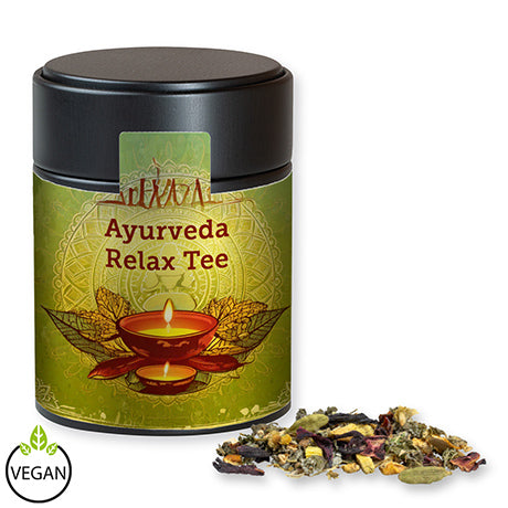 Ayurveda Relax-Tee – ca. 60g in zwart metalen blikje met full colour etiket