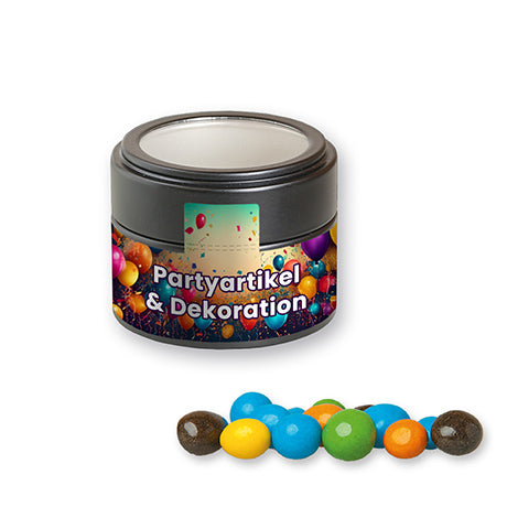 Gekleurde choco-pinda's  in zwart metalen blikje (ca. 70g)