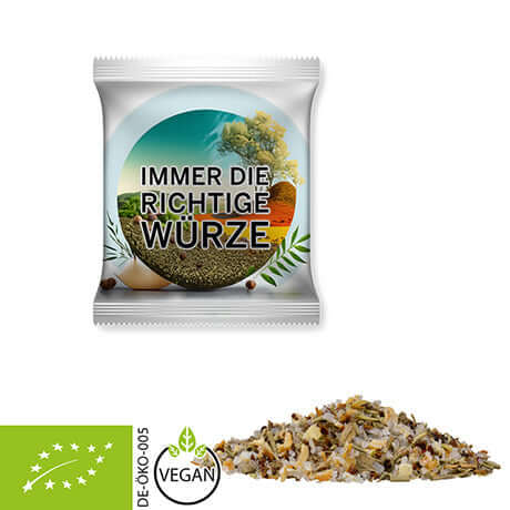 Bedrukt kruidenzakje met logo en biologische kruidenmix (10 gram)