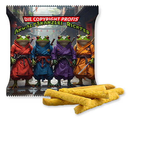 Biologische snackstengels met logo, pizza of sesam (30 gram)