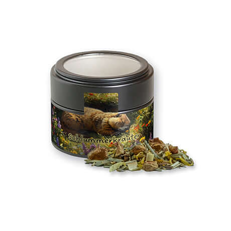 Zwart vensterblikje met biologische kruidenthee Seelenwohl (17 gram)