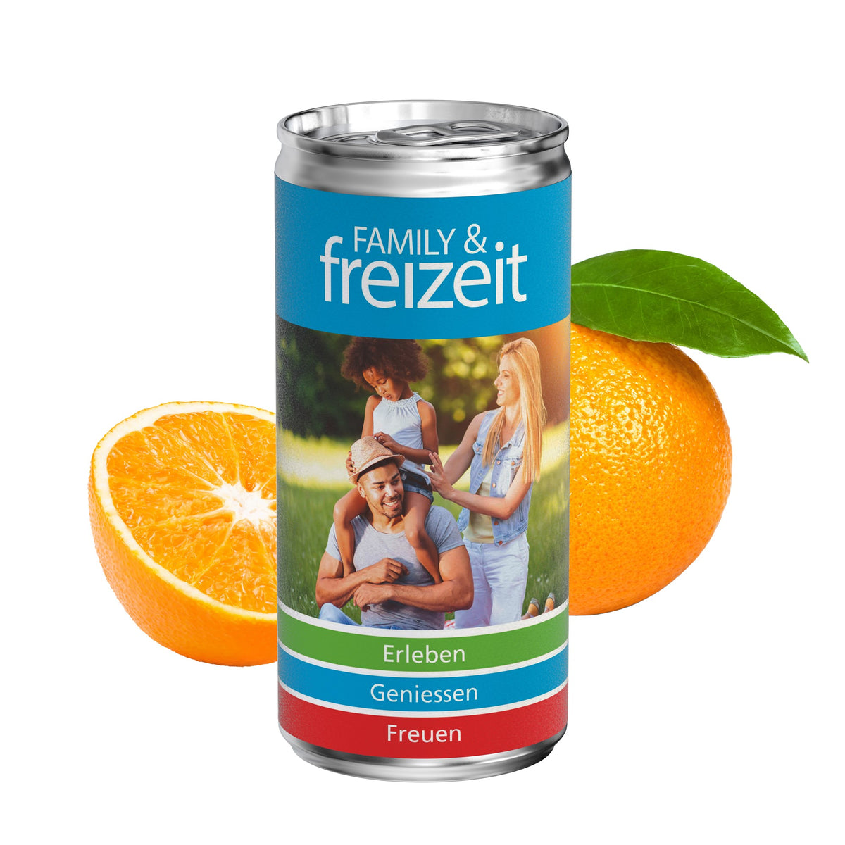 Voorbeeld van een eigen ontwerp op sinaasappelsap in blikje van 200 ml, papieren etiket, mat