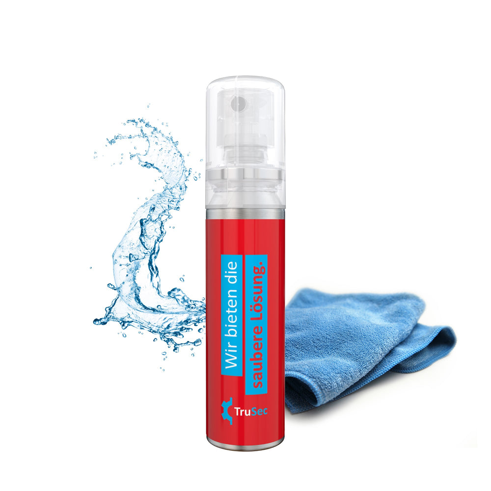 Voorbeeld van een eigen ontwerp op smartphone- en werkplekreiniger als pocketspray van 20 ml, wit etiket