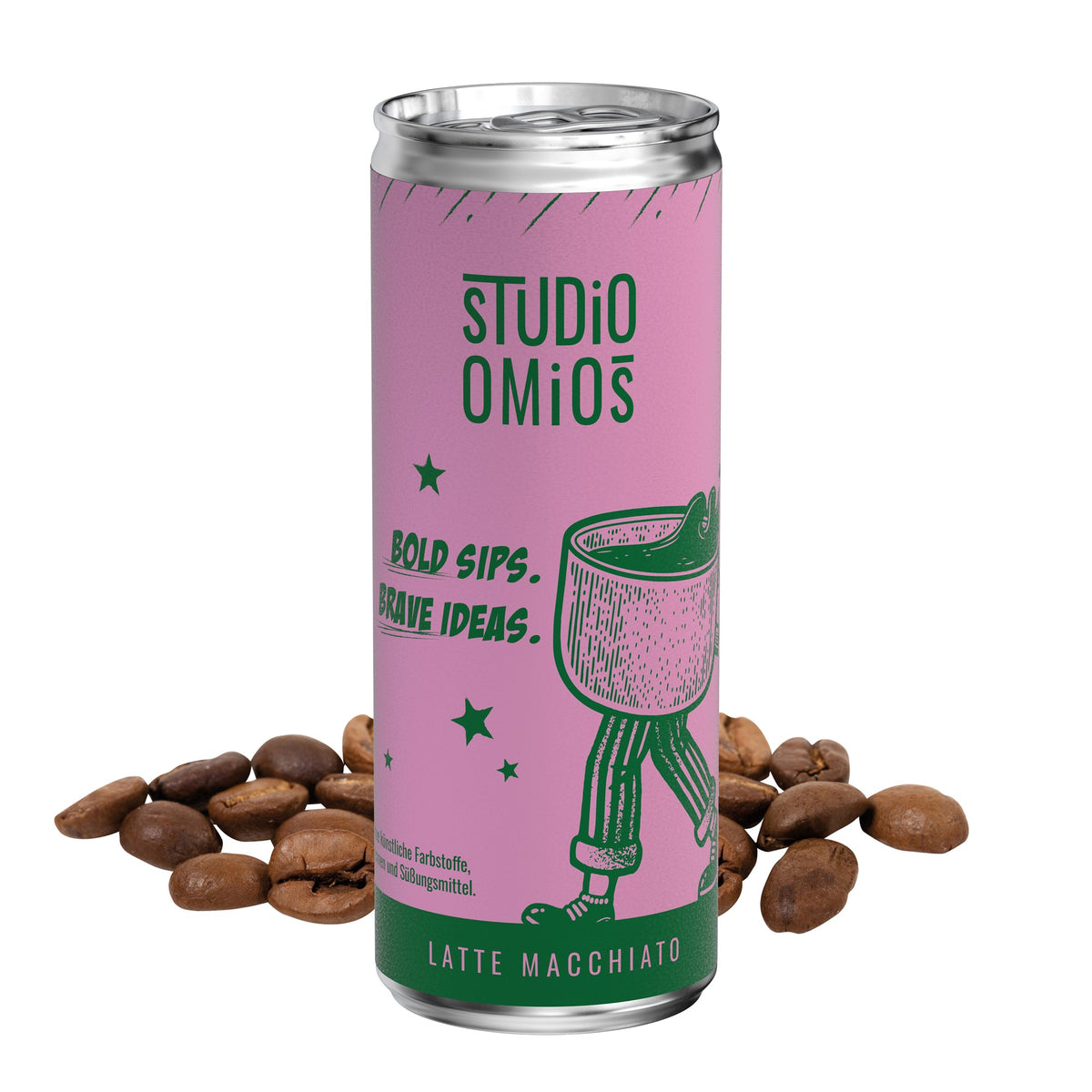 Voorbeeld van een eigen ontwerp op latte macchiato in blikje van 250 ml, papieren etiket, mat