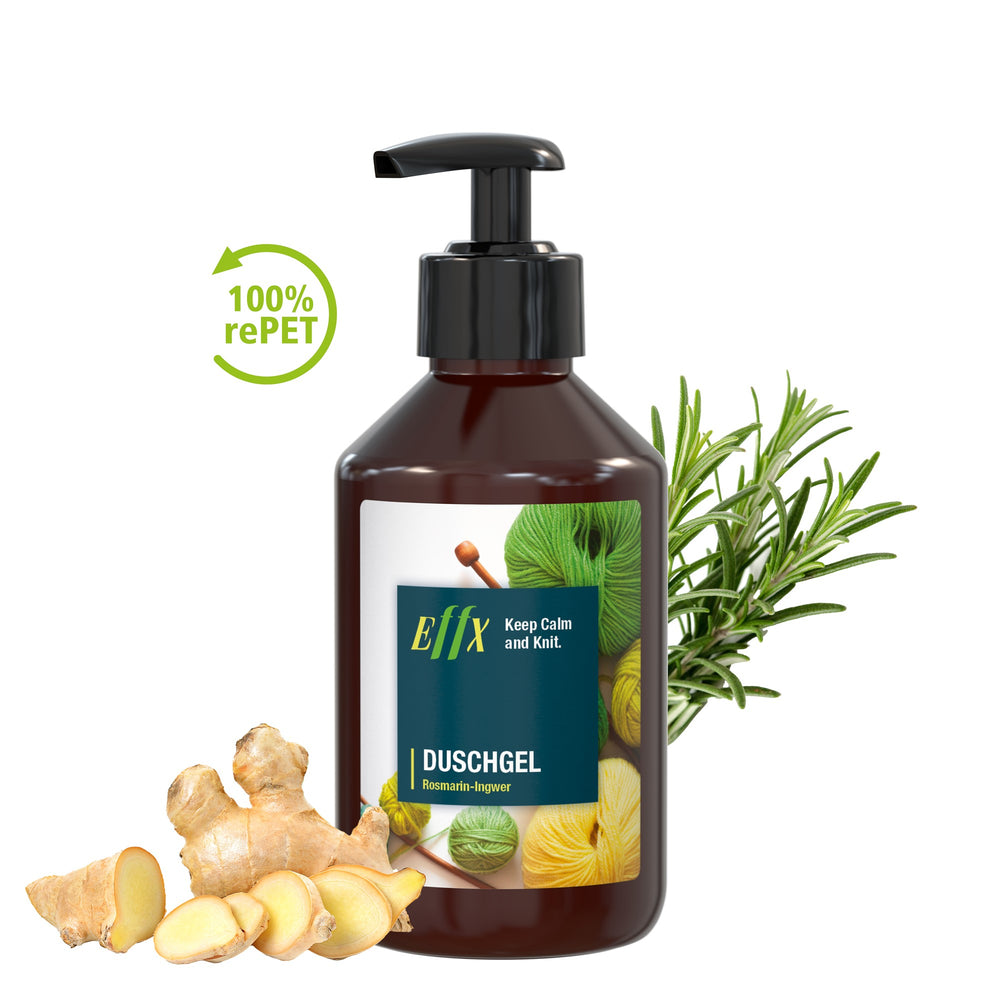 Voorbeeld van een eigen ontwerp op douchegel rozemarijn-gember in pompfles van 250 ml