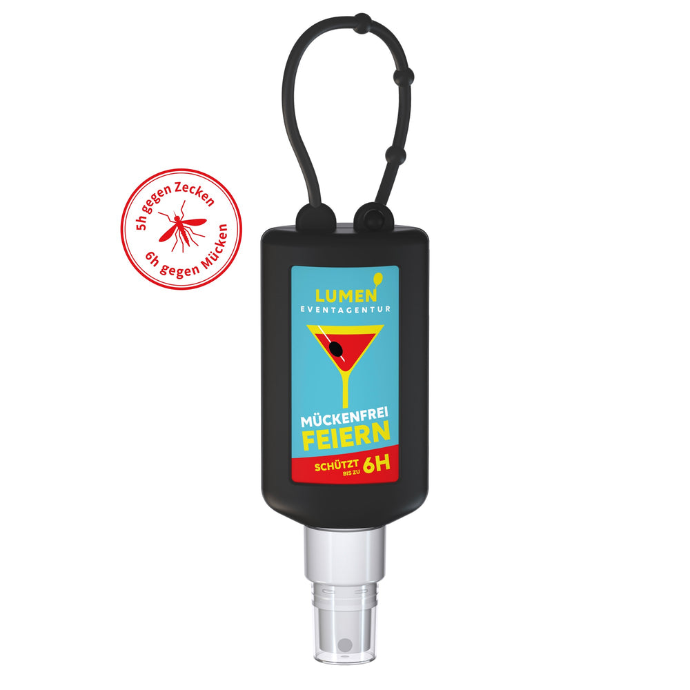 Voorbeeld van een eigen ontwerp op insectenspray met icaridine in flacon van 50 ml met siliconen hoes en ophanglus, hoes in zwart