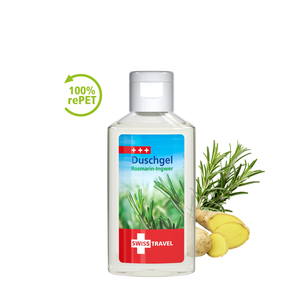 Voorbeeld van een eigen ontwerp op douchegel rozemarijn-gember in flacon van 50 ml