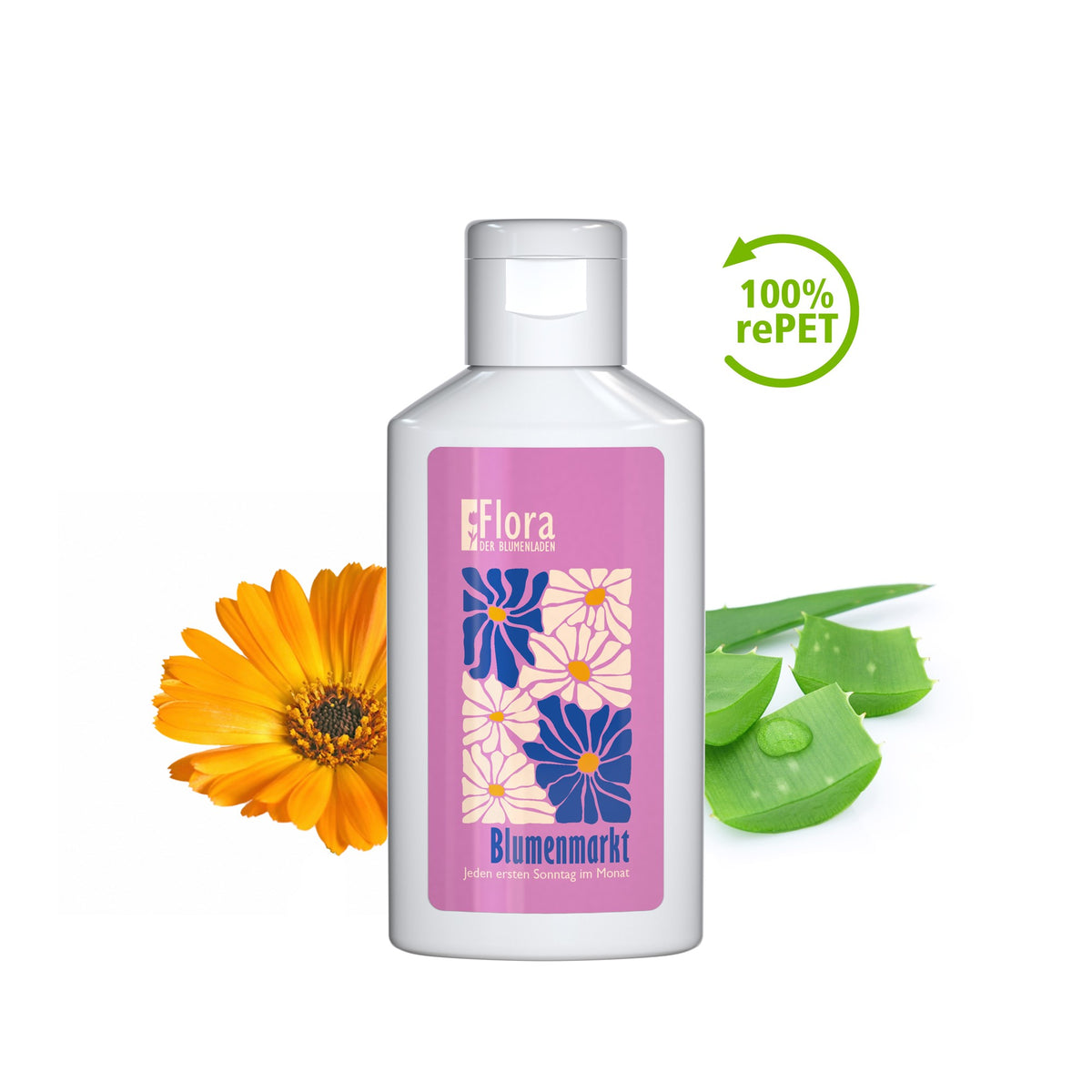 Voorbeeld van een eigen ontwerp op handbalsem goudsbloem-aloë vera in flacon van 50 ml