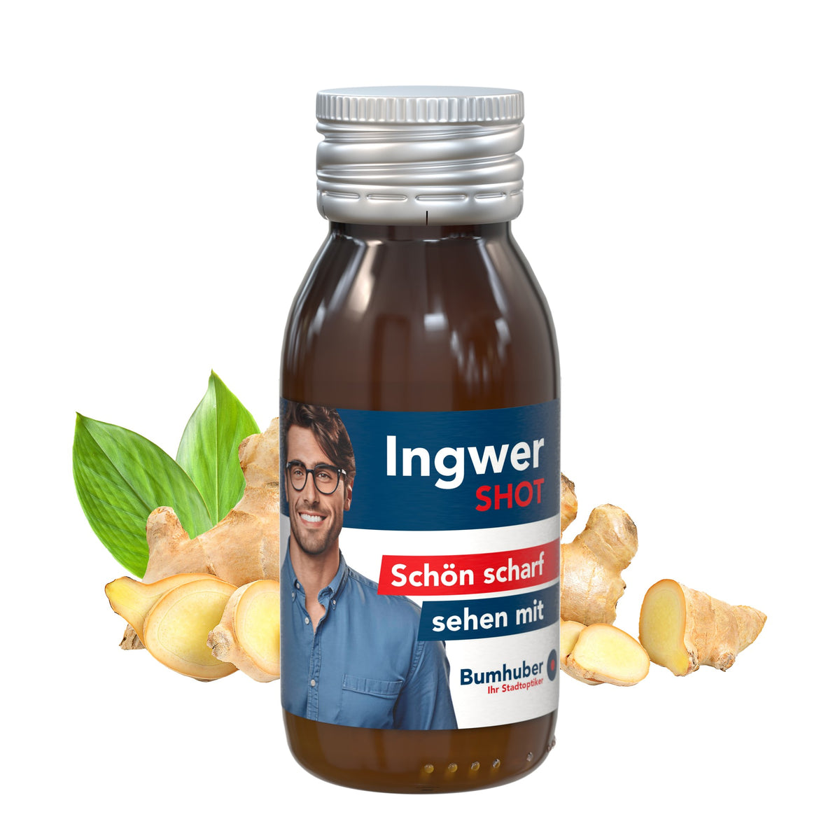 Voorbeeld van een eigen ontwerp op biologische gembershot van 60 ml