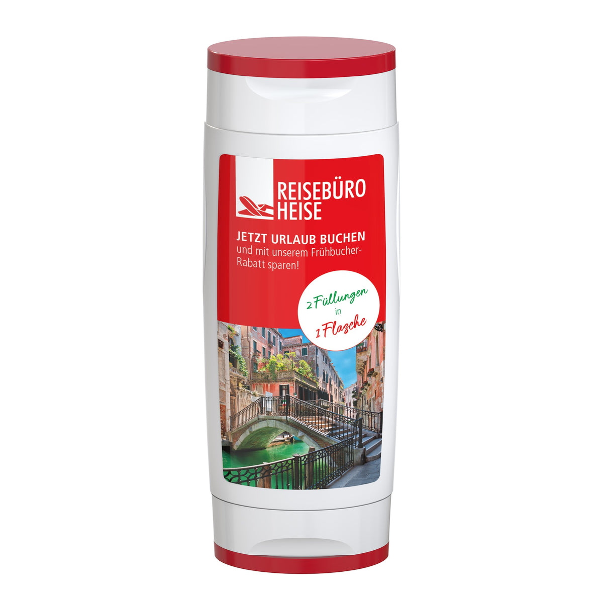 Voorbeeld van een eigen ontwerp op DuoPack met desinfectiegel en zonnebrand SPF 30