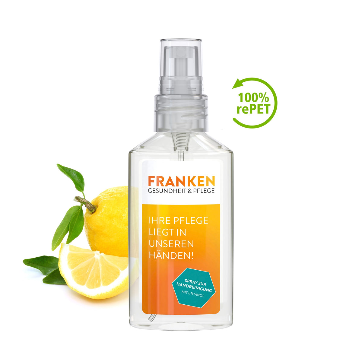 Voorbeeld van een eigen ontwerp op handreinigingsspray in sprayflacon van 50 ml