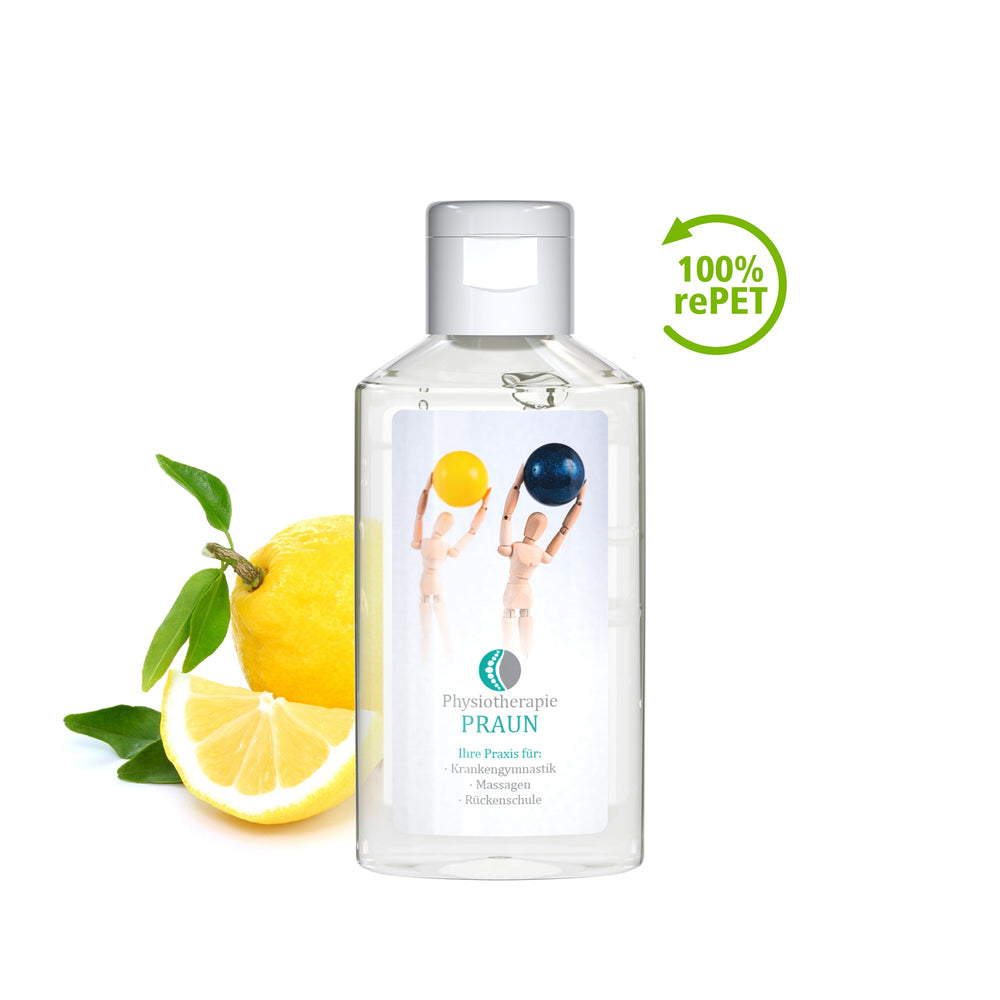 Voorbeeld van een eigen ontwerp op handreinigingsgel in flacon van 50 ml