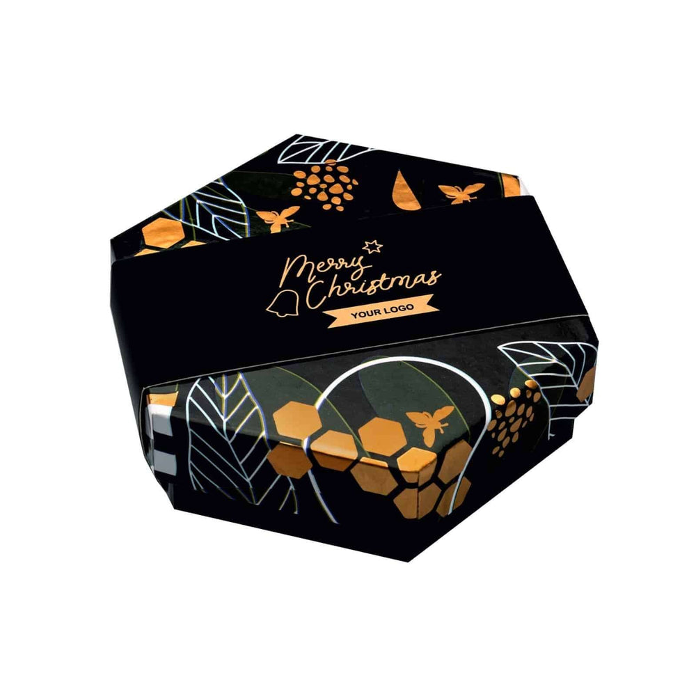 Pralines Honeybee Line 8 stuks in zwarte zeshoekige doos met honingraat en gouden details