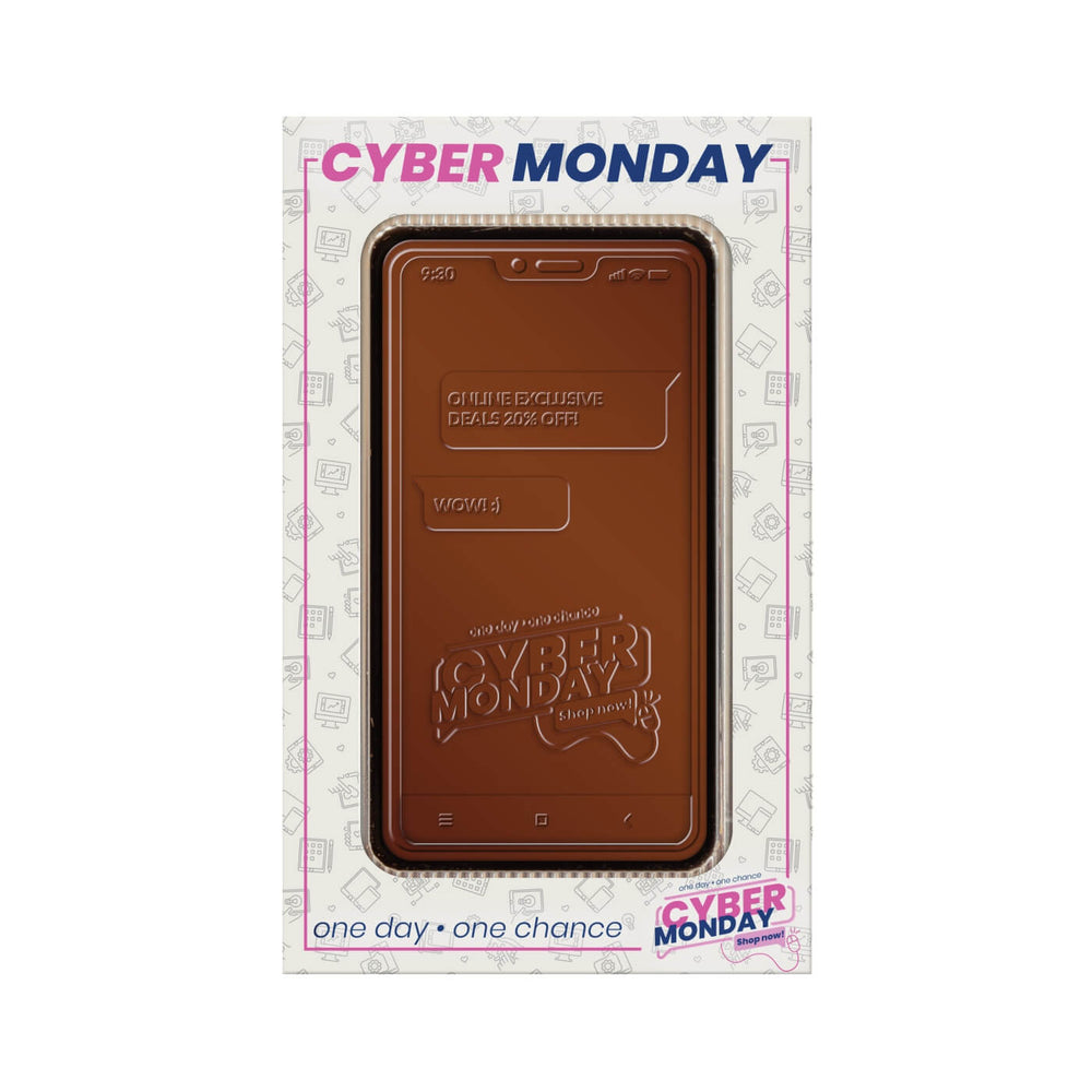 Chocolade smartphone in een doos met het ontwerp Cyber Monday